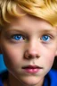 Placeholder: A young boy with short yellow hair, fair skin, and blue eyes. He has six lines on his left cheek