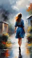 Placeholder: girl from behind walking in far view, surrounded by rain in the yard and strong wind and cloudy sky, sound of rain, calm, poetic, vibrant colors, painted by Willem Haenraets, meticulous detail