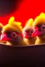 Placeholder: portrait of newly hatched chickens with helmets in a car race, high speed, motion blur, smoke, 4k, downlight, soft light, depth of field, photorealism, trending on art station