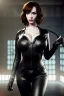 Placeholder: Christina Hendricks dressed in black leather catsuit, with a whip in her hand, inside a dungeon, busty, cleavage, angry, stern look, volumetric lighting, particales,highly detailed,cinematic, deep colours,8