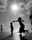 Placeholder: children playing on the indian street capture them against the sun and make an art silhouette, details, sharp, black and white 8k