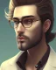 Placeholder: man in round glasses, wavy hair, slim, bird on the shoulder,