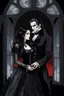 Placeholder: a vampire in a Victorian-style dress with a pale face, black long haired bites neck a beautiful young woman and sucking blood, she wears a wonderful victorian-goth lace dress. a faint melancholy smile on his face, his eyes closed. Gothic-style room in the background, semi-darkness, the light of the full moon shines through the large window onto the horror scene, high detailed, high realistic, sharp focus, masterpiece