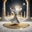 Placeholder: Hyper Realistic Sufi Whirling on stone floor with white & Golden Islamic Sufi Rustic Grungy Background outside white marble Islamic monument at dark night with stars on sky