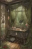 Placeholder: english watercolor, witch's boudoir, mirror, curtains, cobweb, filigree, dried flowers, textiles, candle, magical lighting effect, fairy tale illustration, fine drawing of details with colored pencils, grunge, high resolution, high detail, dark fantasy, dark botanical, beautiful, ISO 100, pixel graphics, hdr, emerald colors, beige, red, deep blue, umbra, grey, dusty rose, gold