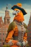 Placeholder: Female Half parrot half human in a old 1700s orange Dutch uniform in front of a Dutch city