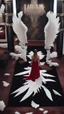 Placeholder: White wings, scissors, red dress on a black luxury carpet. Cinematic photo from above