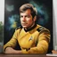 Placeholder: Captain James T. Kirk, Facial Portrait, dark, multicolored watercolor stained wall in the background, oil painting in the art style of Boris Vallejo, 32k UHD, Hyper realistic, photorealistic, realistic, sharp, highly detailed, professional quality, beautiful, awesome, majestic, superb, trending on artstation