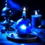 Placeholder: A blue manapotion, magic item on top of a wooden table, a candle next to it.