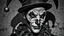 Placeholder: A close-up, black and white, portrait of a jester with a cracked, weathered texture. The jester wears a traditional jester's hat with a bell on one side, and a diamond-patterned mask covering the eyes. The mask is also cracked and peeling, adding to the aged and distressed aesthetic. A ruffled collar frames the jester's neck. The background is textured and appears to be a distressed wall. The lighting is dramatic, casting shadows that emphasize the jester's features and the textures of the image