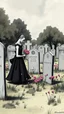 Placeholder: una chica con vestido de grave yard temp un old man with black dress sad and putting flowers on the Tomp