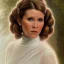 Placeholder: hyperspace background, complete and photo realistic detailed head to waist stunning photo realistic portrait of carrie fisher as Princess Leia in star wars with photo realistic wedding hairstyle by Mandy Jurgens and mucha and Richard Schmid and chuck close and chie yoshii, extraordinary and detailed ceremony dress of star wars,brown eyes