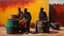 Placeholder: minimalist acrylic impasto painting of two skinny tall black Somali neighbors in 1935 sitting on rusty oil barrels drinking steaming coffee, wide angle, dusty heat, tribal vibe, amazing verticals, great parallels, warm shades of yellow, orange, green and black with sparse deep red leaks, afrofuturism, rusty village decay, arafed doors