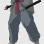 Placeholder: gray-haired young man with katana in black baggy jaket