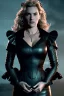 Placeholder: Kate Winslet as evil queen in black leather gown, cleavage, angry, stern look, unreal 5, octane render,cinema4d, dynamic lighting, dramatic lighting, 4k, redshift render, highly detailed, hyper realistic