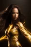 Placeholder: woman that is a superhero and has lightning powers. her superhero suit contains a light gold color and her hair is a brunette. there is lightning surounding her in a dark background. with a eletric lasso. has a GYATT. there is lightning surounding her