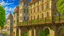 Placeholder: medieval buildings with balconies overhanging a river, blue sky and people, photorealism, trees, foliage, piers, intricate detail, ultra-sharp image, sharp focus