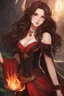 Placeholder: A confident looking young woman with pale skin and long brown hair in a fantasy setting with intricate details. She is wearing black and red, has red eyes, She is a fire mage. Anime style. High definition