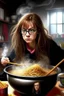 Placeholder: Angry Harry Potter use pot with chinese noodles stay behind the Hermione Granger