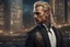 Placeholder: photorealistic portait of henry cavell as mercenary with long blonde hair undercut tribal tattoos wearing smart suit cityscape