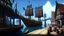 Placeholder: gothic medieval wooden harbour with piers and ships, people, shops, bridges, arches, balconies, taverns, blue sky, photorealistic