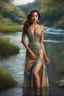 Placeholder: full shot body photo of the most beautiful artwork in the world featuring model, happy mood, High Detail, Sharp focus, dramatic, photo realistic, ultra sharp, ultra hd, hyper realistic, ultra realistic, ((((dress)))), trending on artstation, sharp focus, studio photo, intricate details, highly detailed, standing in nice pose in country side with river ,water fall ,rocky vally