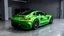 Placeholder: Mercedes-Benz AMG GT63s, green, with four side doors parked in a luxury garage, with the car facing right