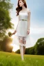 Placeholder: full shot body of Woman portrait with fairly pale skin , green eyes, long auburn hair, and wearing a pretty lace dress . Her outfit is a sexy dress , nice sport shoes. country side ,small lake with a hose in side,