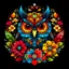 Placeholder: a colorful owl face around big flowers mandala black background