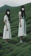 Placeholder: a group of no face women with mask standing on top of a lush green hillside, inspired by Ren Hang, design milk, long black hair, whites, wanderers traveling from afar, trending on artisation, cloning spell, coat pleats, in twin peaks, submarine, by Helen Thomas Dranga, symetry, round-cropped, noire photo