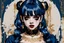 Placeholder: Poster in two gradually, a one side malevolent goth vampire girl face and other side the Singer Melanie Martinez face, full body, painting by Yoji Shinkawa, darkblue and gold tones,