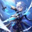 Placeholder: Genshin woman, Clear Focus High resolution, Calm Background, Light skinned woman, Black long beatiful hair, Dark blue sparkling eyes, Very Beatiful Face, Splash art, Battle Scene Epic, Magical Pose