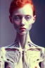 Placeholder: a painting of a young woman, by giacometti, textured, anatomically correct, beautiful perfect face, redhead, sharp focus, highly detailed. desolate background. the royal tenenbaums aesthetic