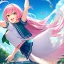 Placeholder: Clear focus,8k,Beatiful Lighting,Detailed, pink long fluffy hair, long fluffy bangs, green eyes, wearing a sailor uniform, jumping, happy