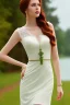 Placeholder: full shot body of Woman portrait with fairly pale skin , green eyes, long auburn hair, and wearing a pretty lace dress . Her outfit is a sexy dress , nice sport shoes. country side ,small lake with a house in side a lux car,