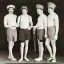 Placeholder: a group of four male friends with very small shorts on and large hats and holding trombones