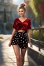 Placeholder: full body ,young woman with clear eyes, messy bun hair, bouncing looking back, soft velvet red/black two piece printed outfit, morning sun, cute, full body, ultra realistic, a variety of small details in the background, hyper realistic, surprised, sweet smile, 8k, HDR, 500px, by Koos Roos