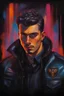 Placeholder: 18-year-old Elbig Breastley with crew-cut dark brown hair tapered on the sides, bangs over the forehead, goatee, bushy eyebrows, blue eyes, wearing a leather jacket - resembles Elvis Presley, pitch black background with an overhead spotlight effect, extremely colorful, oil painting by Frank Frazetta