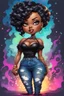 Placeholder: vibrant psychedelic comic book image, airbrush, 48k, cartoon art of a chibi curvy black female wearing torn jeans pants and a black tie dye off the shoulder blouse. Prominent make up with lush lashes. Highly detailed sleek wavy ponytail