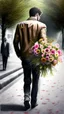 Placeholder: An image of a man holding a bouquet of flowers as he walks towards a woman. --auto --s2