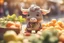 Placeholder: cute chibi bull buying fruits at the fruit market, sping flowers, bushes, in sunshine, ethereal, cinematic postprocessing, bokeh, dof