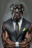 Placeholder: Bodybuilder Lee Haney with the face of a Rottweiler dog A dog's head instead of a person's head Only the player's body with a bulldog head on it He wears a luxurious black suit and holds a luxurious cigar The suit covers the body. In the mouth of the dog there is a luxurious Rottweiler dog head