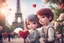 Placeholder: cute chibi mahogany haired girl with a short, silver haired boy, Eiffel tower, heart and love, flowers in Paris, ethereal, cinematic postprocessing, bokeh, dof