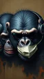 Placeholder: Bosch painting style nightmare, three chimpanzees first one with sunglasses, second with headphones, third with mouth mask.