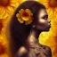 Placeholder: Black woman, flowers in hair, long brown hair, beautiful face, marigold