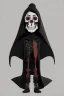 Placeholder: 1950s goofy vinyl toy of a skull face character wearing a black hooded cloak, drawn in a early animation rubber hose animation style, inside a lighter diamond shape on a black background, monochromatic