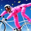 Placeholder: astronaut in pink suit flying through space on a bicycle