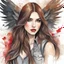 Placeholder: a headshot of a woman with long brown hair, red eyes, brown hawk wings on back, modern setting, bad girl vibe, intricately detailed, watercolor splash art