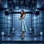 Placeholder: make a picture pretty stage made of metallic blue-gray teme 3d recursive cubic and sphere and cylinder base structures and a beautiful fashion model lady standing with cute in scene with sexy top and pretty pleated midi skirt ,makeup curvy long hair,dynamic camera zoom to full body and pan, dynamic lights.