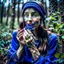 Placeholder: woman in the forest picking and eating blueberries and her mouth and hands are covered with blueberries, woman is stylish